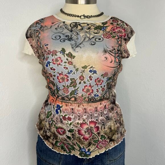 VNT 90s Sheer Flower Graphic Fairy Mesh Short Sleeve Top XL Made in USA B' Time - Picture 2 of 10